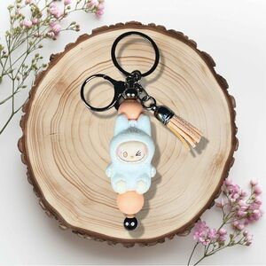 Labubu Peach & White The Monsters Flocked Keychain